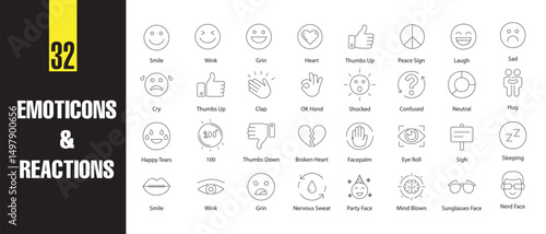 Minimal Emoticons & Reactions in Line Art Icon set 