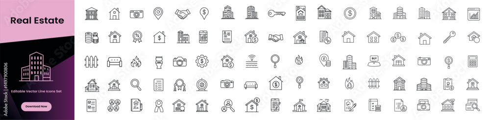 Obraz premium Real Estate Line Editable Icons set. Vector illustration in modern thin line style of real estate icons: houses, buildings, contracts, keys, finance, and property management. Isolated on white.