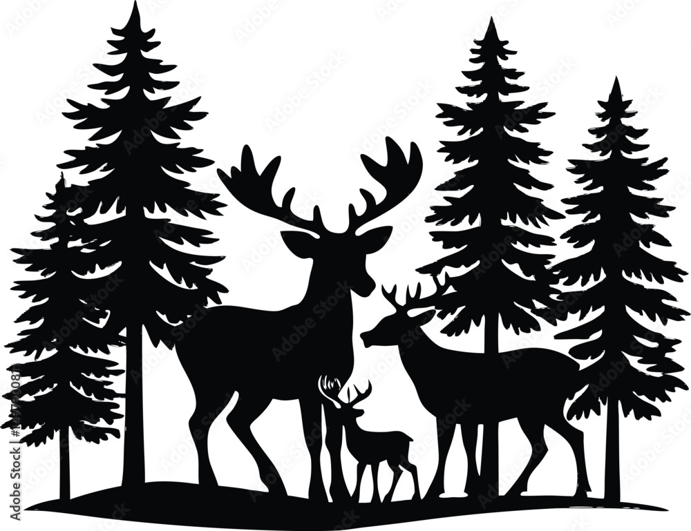 Obraz premium Deer Family in Forest Silhouette