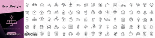 Eco Lifestyle Line Editable Icons set. Vector illustration in modern thin line style of eco-friendly lifestyle icons: recycling, green energy, nature, organic products, and conservation. Isolated on w