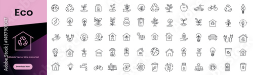 Eco Lifestyle Line Editable Icons set. Vector illustration in modern thin line style of eco-friendly lifestyle icons: recycling, green energy, nature, organic products, and conservation. Isolated on w