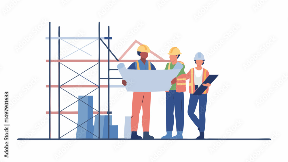 Three construction workers reviewing blueprint in front of scaffolding and building progress on site project Three construction workers reviewing blueprint in front of scaffolding and building progress on site project