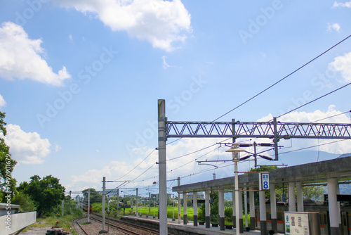 Photography Taiwan May 21, 2024: A scenic view of a train at Fuli Station in Hualien, Taiwan, with clear sky and mountain background