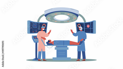 Surgical team performing an operation on a patient under bright lights with monitors displaying scans and data