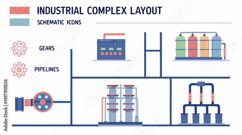 Schematic layout of an industrial complex featuring gears pipelines buildings tanks and other infrastructure