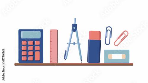 Illustration of school supplies including calculator ruler compass eraser and paperclips on a shelf