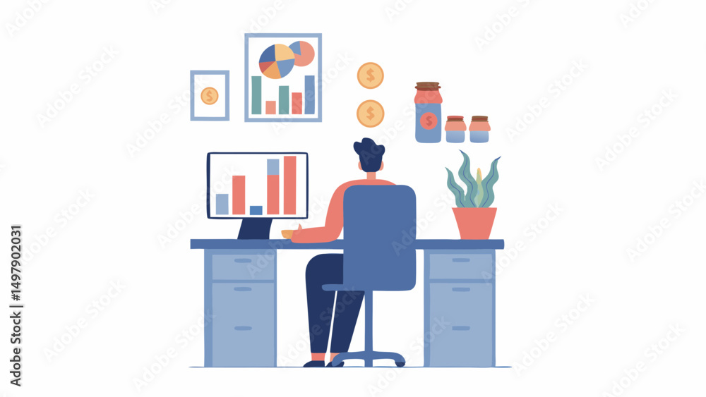 Illustration of a person sitting at a desk working on a computer with charts and plants around him Illustration of a person sitting at a desk working on a computer with charts and plants around him