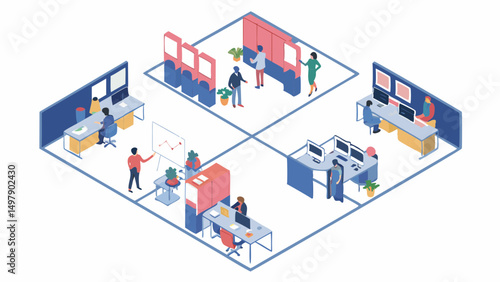 Isometric view of a modern office space with employees working at desks and collaborating in meeting rooms