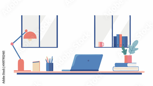 Illustration of a desk with a laptop lamp books and shelves against a white background in a flat style