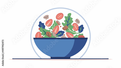 Illustration of a bowl filled with a fresh salad including tomatoes lettuce and mushrooms on a white background