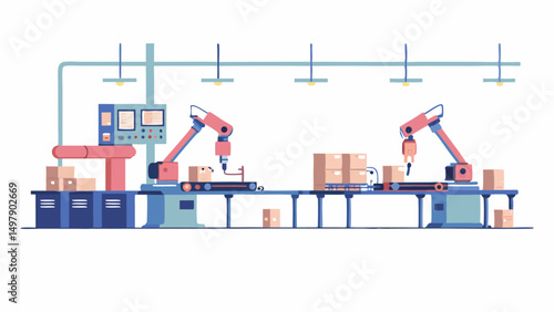 Illustration of an automated factory assembly line with robotic arms and conveyor belts processing boxes