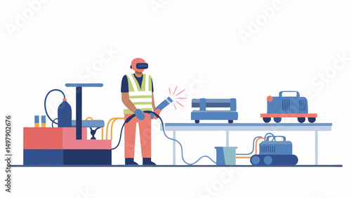 A welder in safety gear working in an industrial setting with equipment and metal objects on a table top