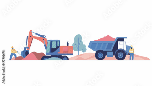 Illustration of construction site with excavator, dump truck, and workers against a white background