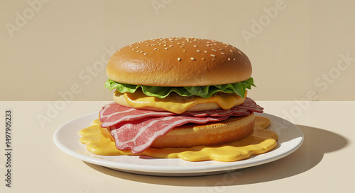 Tasty hamburger with lettuce, cheese, and ham on white plate  