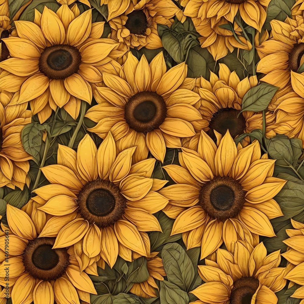 A dense, warm, and inviting pattern featuring a field of bright yellow sunflowers with detailed brown centers and hints of green leaves, filling the entire frame. The style appears somewhat illustrati A dense, warm, and inviting pattern featuring a field of bright yellow sunflowers with detailed brown centers and hints of green leaves, filling the entire frame. The style appears somewhat illustrati
