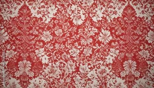 Intricate red damask pattern, aged white backdrop  Rich vintage wallpaper detail , antique, shabby chic