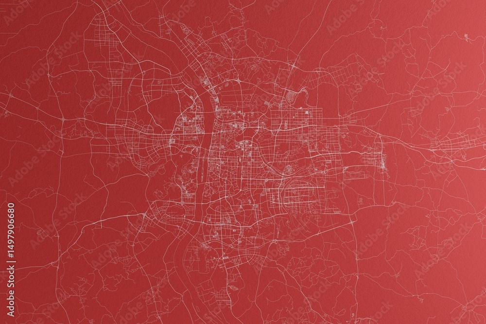 Map of the streets of made with white lines on red paper. Top view, rough background. 3d render, illustration Map of the streets of made with white lines on red paper. Top view, rough background. 3d render, illustration