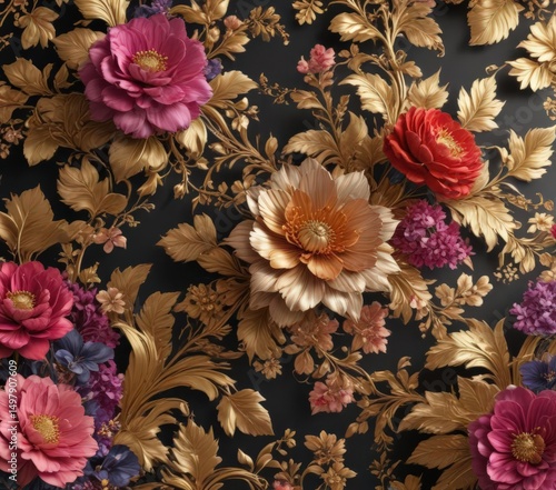 Opulent floral wallpaper; gold leaf details, vibrant blooms, flower, tapestry