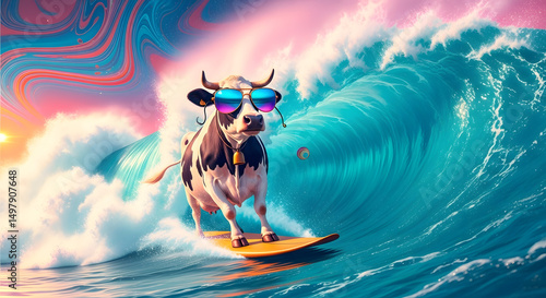 A cow wearing sunglasses surfing a giant wave