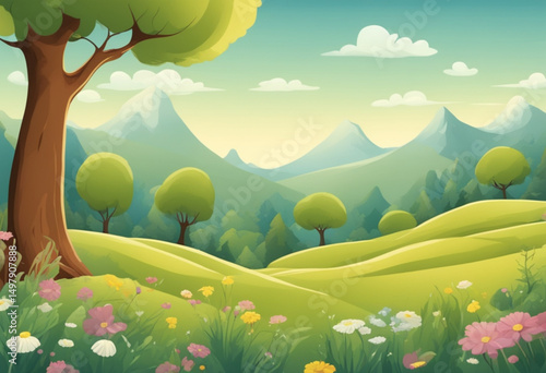 cartoon wildlife landscape, birds flying hills, deer mountain cartoon, rabbit meadow scene, forest animals background, butterfly valley cartoon, fox hill illustration, jungle animal scenery, bird migr