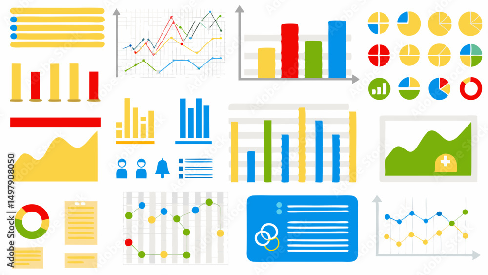Obraz premium Illustration showing various types of charts and graphs for data visualization and representation needs