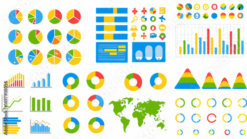 Illustration of various colorful data visualization elements including charts graphs and world map icons