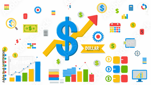 Illustration showing dollar sign with upward arrow and various financial and business icons scattered around