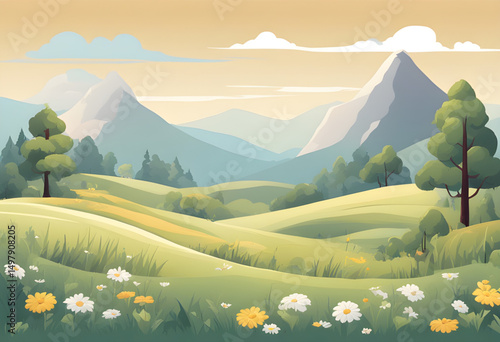 travel cartoon background, mountain tourism illustration, adventure travel scenery, hiking trail cartoon, eco tourism landscape, scenic holiday background, vacation mountain scene, trek route cartoon,