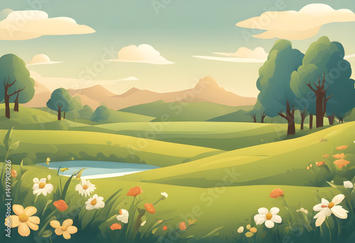 eco friendly landscape, green earth cartoon, village mountain scenery, rural life background, countryside cartoon scene, farm valley cartoon, organic nature illustration, sustainable environment art, 