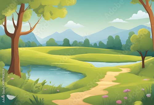fantasy mountain landscape, magical green valley, fairytale scenery background, dream world cartoon, enchanted forest hills, adventure game background, hero journey setting, mythical land cartoon, fan