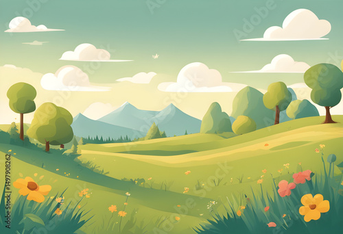 flat design landscape, minimal cartoon scenery, pastel landscape illustration, vector style cartoon background, soft shading cartoon art, clean design landscape, modern cartoon environment, colorful f