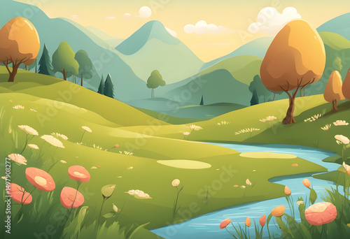 spring cartoon landscape, summer mountain cartoon, rainy season background, sunny cartoon hills, cloudy mountain scene, misty landscape cartoon, fresh green scenery, windy valley cartoon, sunrise moun