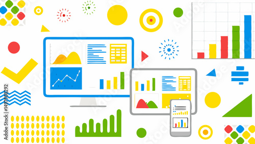 Illustration of various electronic devices displaying charts and graphs with colorful geometric shapes around