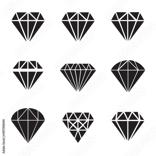 Diamond icon set. Different shapes of diamond cuts. Dimond icon set in flat style. Abstract black diamond collection icons. Gemstone icon set. Diamonds logo design. Vector illustration. EPS 10