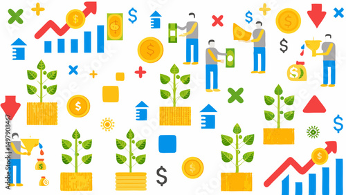 Illustration showing financial growth with plants coins arrows and symbolic human figures investing