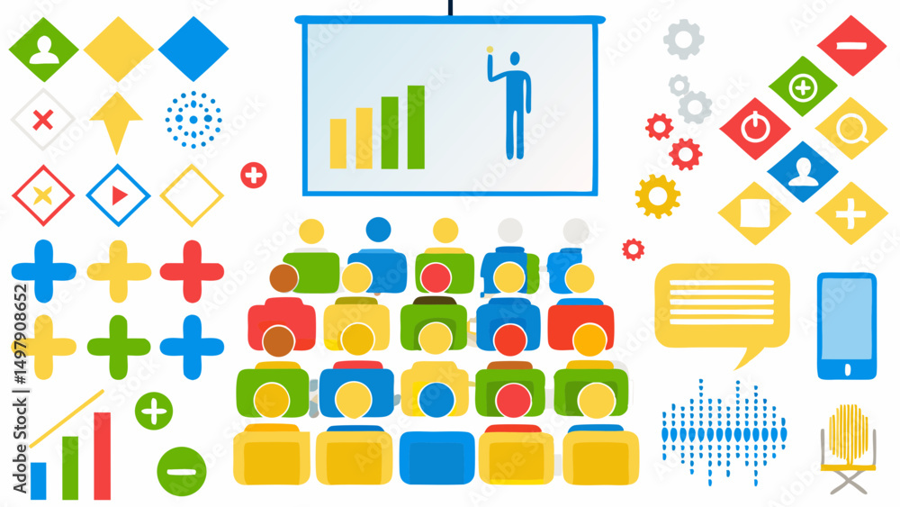 Presentation with audience and various icons including plus signs gears and chart diagrams displayed Presentation with audience and various icons including plus signs gears and chart diagrams displayed