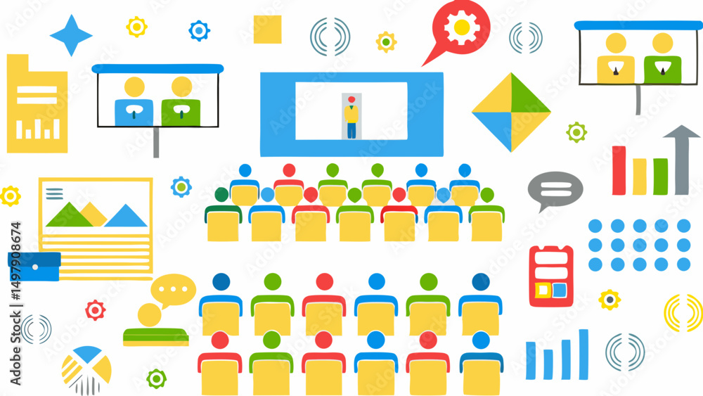 Illustration of a presentation setting with an audience charts and various business icons around it Illustration of a presentation setting with an audience charts and various business icons around it