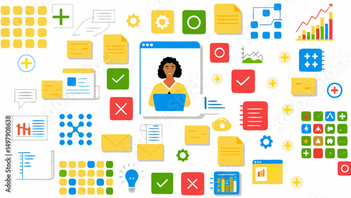 Illustration showing a woman at a laptop surrounded by icons of productivity and organization tools