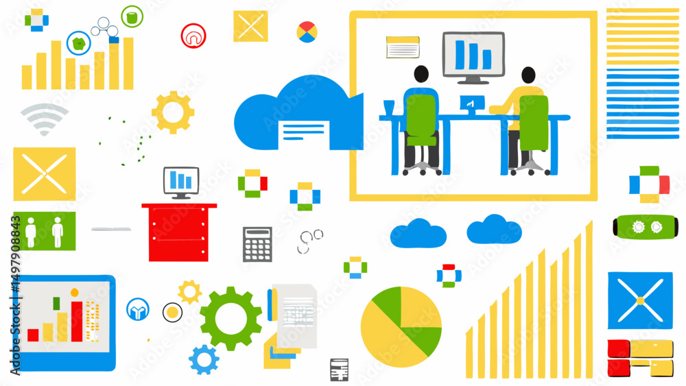 A collection of business and office related icons and graphics scattered on a white background surface A collection of business and office related icons and graphics scattered on a white background surface