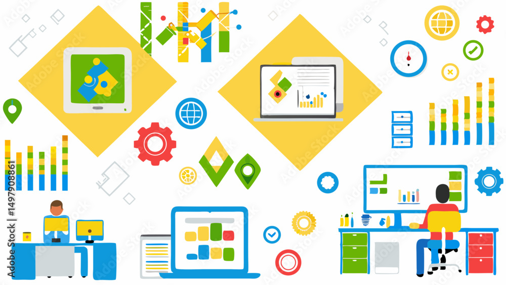 Illustration showing office workers at desks with charts and graphs on screens and floating icons around Illustration showing office workers at desks with charts and graphs on screens and floating icons around