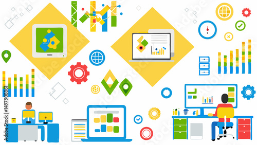 Illustration showing office workers at desks with charts and graphs on screens and floating icons around
