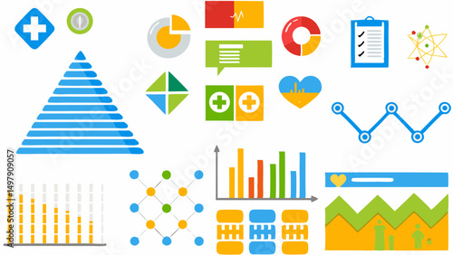 Collection of various infographic elements including charts graphs and medical symbols in bright colors