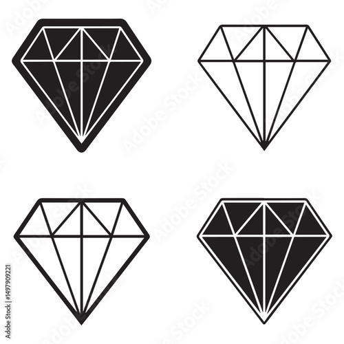 Diamond icon set. Different shapes of diamond cuts. Dimond icon set in flat style. Abstract black diamond collection icons. Gemstone icon set. Diamonds logo design. Vector illustration. EPS 10