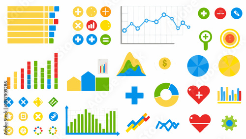 Illustration of various business charts and icons including bar graphs line graphs and pie charts shown
