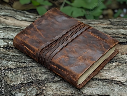 Wallpaper Mural Handmade Leather Notebook on a Rustic Wooden Log Torontodigital.ca