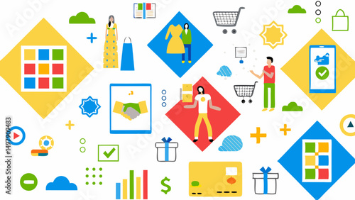 Illustration showcasing online shopping elements with figures, carts, and mobile devices on a white backdrop