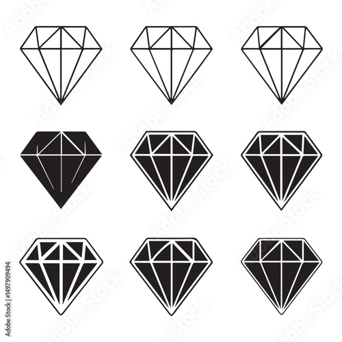 Diamond icon set. Different shapes of diamond cuts. Dimond icon set in flat style. Abstract black diamond collection icons. Gemstone icon set. Diamonds logo design. Vector illustration. EPS 10