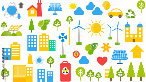 Illustration showcasing a variety of eco friendly and sustainable energy sources and city elements