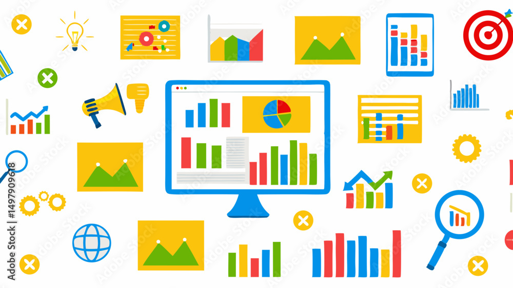 Illustration of data analytics and business intelligence elements with charts and graphs on a computer screen Illustration of data analytics and business intelligence elements with charts and graphs on a computer screen