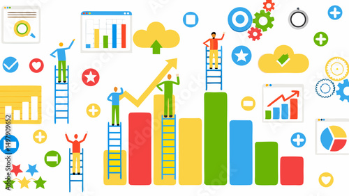 Illustration of people climbing ladders to reach bar graphs with charts and cloud icons in the background